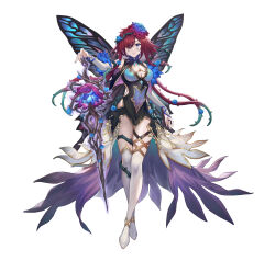 Rule 34 | 1girl, absurdres, artist request, blue eyes, boots, breasts, brown hair, butterfly wings, cleavage, covered navel, fairy, fairy wings, fire emblem, fire emblem heroes, floating, floating object, floating weapon, flower, full body, hair flower, hair ornament, haru (hiyori-kohal), highres, insect wings, medium breasts, navel, nintendo, official alternate costume, official art, plant hair, solo, sword, thigh boots, thighhighs, transparent background, triandra (fire emblem), weapon, white thighhighs, wings