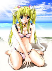 Rule 34 | 1girl, absurdres, animal ears, beach, bell, bikini, blonde hair, blue eyes, blush, breasts, breasts squeezed together, cat ears, choker, cleavage, day, highres, long hair, medium breasts, outdoors, smile, solo, striped bikini, striped clothes, swimsuit, tomoya kankurou, twintails