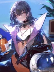 Rule 34 | 1girl, aona (ns), bikini, black bikini, black hair, breasts, choker, collar, commentary, diving helmet, diving suit, dry suit, girls&#039; frontline, girls&#039; frontline neural cloud, gloves, hair ornament, hairclip, hatsuchiri (neural cloud), helmet, jewelry, key, key necklace, metal collar, mole, mole on breast, mole under eye, necklace, open clothes, orange eyes, oxygen tank, sky, small breasts, solo, swimsuit, symbol-only commentary, upper body, wet, wet hair