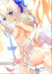 Rule 34 | 1girl, angel feather alma, ass, bad id, bad pixiv id, blue bow, blue eyes, bow, breasts, curly hair, curtains, emil chronicle online, feathered wings, feathers, hair bow, light censor, long hair, looking at viewer, looking back, low wings, niku (hamuchang), nipples, panties, panty pull, pussy, small breasts, solo, topless, underwear, white hair, white wings, window, wings