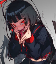 Rule 34 | 1girl, black hair, black sailor collar, black serafuku, black skirt, black wings, blood, blood on face, blue archive, blush, breasts, grey background, heart, highres, large breasts, long hair, long sleeves, looking at viewer, neckerchief, open mouth, red eyes, red neckerchief, sailor collar, saliva, school uniform, serafuku, sharp teeth, simple background, skirt, solo, sweat, teeth, tongue, tongue out, torn clothes, trembling, tsurugi (blue archive), undone neckerchief, very long hair, waa153, wings