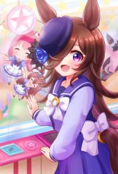 Rule 34 | 1girl, :d, blush, bow, bowler hat, brown hair, character doll, clothing cutout, commentary, crane game, flipped hair, hair over one eye, hand on glass, happy, haru urara (umamusume), hat, highres, horse girl, long hair, long sleeves, looking at viewer, mihono bourbon (umamusume), open mouth, purple eyes, purple hat, purple sailor collar, purple shirt, purple skirt, rice shower (umamusume), ritaso, sailor collar, school uniform, shirt, skirt, smile, solo, tail, tail through clothes, tracen school uniform, twisted torso, umamusume, white bow, winter uniform