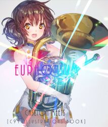 Rule 34 | 1girl, band uniform, brown eyes, brown hair, commentary request, cowboy shot, curly hair, euphonium, gloves, hibike! euphonium, holding, holding instrument, instrument, oumae kumiko, pleated skirt, shirt, short hair, skirt, sleeveless, sleeveless shirt, smile, solo, white gloves, white shirt, yuugen