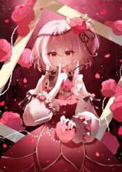 Rule 34 | 1girl, absurdres, anqing, black bow, black bowtie, bow, bowtie, closed mouth, clothing cutout, cowboy shot, dress, falling petals, finger to mouth, flower, hair flower, hair ornament, hand up, highres, holding, holding flower, index finger raised, long sleeves, looking at viewer, nijisanji, nijisanji en, petals, picture frame, pink hair, puffy long sleeves, puffy sleeves, red background, red dress, red eyes, red flower, red rose, red theme, rose, rosemi lovelock, rosemi lovelock (1st costume), shoulder cutout, smile, solo, virtual youtuber
