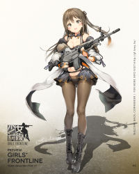 Rule 34 | 1girl, anmi, assault rifle, bare shoulders, black panties, blush, boots, breasts, brown eyes, brown hair, character name, cleavage, collarbone, copyright name, cross-laced footwear, daewoo k2, fingerless gloves, full body, girls&#039; frontline, gloves, gun, hair ornament, hairclip, highres, holding, jacket, k2 (girls&#039; frontline), knee boots, korean text, lace-up boots, logo, long hair, looking at viewer, medium breasts, navel, official art, open mouth, panties, pantyhose, rifle, shadow, smile, solo, standing, underwear, watermark, weapon, web address
