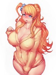 Rule 34 | 10s, 1girl, :o, bad id, bad tumblr id, blonde hair, blue eyes, blush, breasts, cleavage, clothes pull, collarbone, covered erect nipples, curvy, fumio (rsqkr), galko, hair bun, huge breasts, long hair, looking at viewer, naked sweater, no bra, open mouth, oshiete! galko-chan, side ponytail, simple background, single hair bun, solo, standing, sweater, sweater pull, teeth, thick thighs, thighs, white background, wide hips