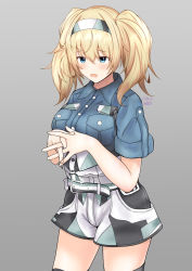 Rule 34 | 1girl, abataa, absurdres, blonde hair, blue eyes, blue shirt, breast pocket, breasts, collared shirt, cowboy shot, gambier bay (kancolle), hairband, highres, kantai collection, large breasts, multicolored clothes, multicolored hairband, multicolored shorts, pocket, shirt, short shorts, short sleeves, shorts, solo, standing, twintails