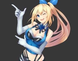 Rule 34 | 1girl, ;d, bare shoulders, black ribbon, blonde hair, blue eyes, blue flower, blue ribbon, blue rose, breasts, cleavage, crop top, elbow gloves, eyebrows, facing away, flower, gloves, grey background, hair between eyes, hair ribbon, high ponytail, hitosashiyubi, index finger raised, long hair, looking away, medium breasts, mirai akari, mirai akari project, navel, one eye closed, open mouth, palms, ribbon, rose, sidelocks, simple background, smile, solo, stomach, suspenders, tank top, teeth, tongue, upper body, v-shaped eyebrows, virtual youtuber, white gloves
