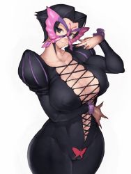 Rule 34 | 00s, 1girl, animal print, black eyes, black hair, bodysuit, breasts, bug, busou renkin, butterfly, butterfly mask, butterfly print, cameltoe, cleavage, cowboy shot, cross-laced clothes, curvy, covered erect nipples, finger to face, fingernails, flipped hair, fumio (rsqkr), genderswap, genderswap (mtf), hair intakes, hand on own hip, head tilt, hip focus, huge breasts, bug, light smile, long fingernails, looking at viewer, mask, no bra, papillon, puffy sleeves, short hair, sidelocks, simple background, sketch, smile, solo, thighs, white background, wide hips