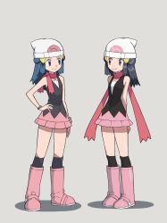 Rule 34 | 2girls, arm at side, bad id, bad twitter id, beanie, black hair, blue eyes, blue hair, boots, closed mouth, commentary request, creatures (company), dawn (pokemon), dual persona, eye contact, eyelashes, game freak, grey background, grey eyes, hand on own hip, hat, highres, long hair, looking at another, multiple girls, nintendo, over-kneehighs, pink footwear, pokemon, pokemon (anime), pokemon dppt, pokemon dppt (anime), scarf, sidelocks, smile, standing, thighhighs, white headwear, yoshi (moco1)