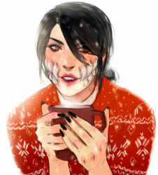 Rule 34 | 1girl, alternate hairstyle, black hair, black nails, brown eyes, casual, christmas, christmas sweater, coffee mug, commentary, cup, english commentary, extra teeth, eyelashes, hair bun, hair over one eye, highres, lips, lipstick, looking at viewer, makeup, mileena (mortal kombat), monster girl, mortal kombat (series), mortal kombat x, mug, nail polish, nose, parted lips, portrait, red sweater, rgbvscb, sharp teeth, single hair bun, solo, sweater, teeth, white background
