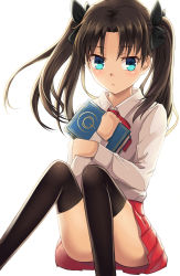 Rule 34 | 1girl, aged down, aqua eyes, black thighhighs, blue eyes, book, bow, brown hair, child, command spell, fate/zero, fate (series), hair bow, hair ribbon, highres, long hair, long legs, ribbon, simple background, sitting, skirt, solo, thighhighs, tohsaka rin, tristana-shen, twintails, white background