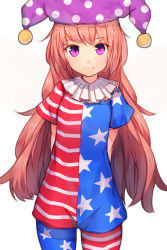 Rule 34 | 1girl, american flag dress, american flag legwear, arms behind back, blush, brown hair, clownpiece, hat, highres, jester cap, long hair, looking at viewer, pantyhose, purple eyes, shone, short sleeves, simple background, smile, solo, star (symbol), striped clothes, striped pantyhose, touhou