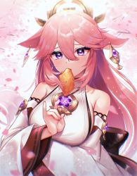 Rule 34 | 1girl, animal ears, bare shoulders, breasts, cherry blossoms, commentary request, detached sleeves, fox ears, genshin impact, hair between eyes, highres, kisaragi saki, large breasts, long hair, long sleeves, looking at viewer, mouth hold, nail polish, petals, pink hair, pink nails, purple eyes, shirt, sleeveless, sleeveless shirt, solo, upper body, very long hair, white shirt, wide sleeves, yae miko