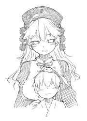 Rule 34 | 1boy, 1girl, age difference, bad id, bad twitter id, blush, chinese clothes, eyebrows, greyscale, hat, headpat, junko (touhou), long hair, monochrome, open mouth, pom pom (clothes), ribbon, saryuu (iriomote), short hair, sketch, tabard, touhou, upper body, wide sleeves