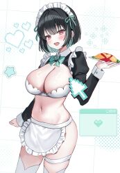 1girl :d apron aqua_bow aqua_bowtie aqua_hair aqua_ribbon black_hair black_shirt blush bob_cut bow bowtie breasts cleavage colored_inner_hair cowboy_shot cropped_shirt cursor food hair_ribbon hand_up heart highres holding holding_plate kubong large_breasts long_sleeves maid_apron maid_headdress mole mole_under_eye multicolored_hair navel omelet omurice open_mouth original plate red_eyes ribbon second-party_source shirt smile solo standing star_(symbol) streaked_hair teeth thigh_strap thighhighs two-tone_hair upper_teeth_only waist_apron white_apron white_thighhighs white_wrist_cuffs wrist_cuffs