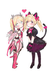 Rule 34 | 2girls, aged down, alternate costume, alternate hairstyle, animal ears, bad id, bad pixiv id, bare shoulders, black cat, black cat d.va, black dress, black gloves, blonde hair, blue eyes, blush, bow, cat, cat ears, cat tail, d.va (overwatch), dress, gloves, hair ribbon, heart, highres, looking at viewer, mechanical wings, meowlian, mercy (overwatch), multiple girls, nose, overwatch, overwatch 1, pantyhose, pink bow, pink dress, pink legwear, pink mercy, pink ribbon, pink skirt, puffy short sleeves, puffy sleeves, ribbon, short sleeves, skirt, tail, tail bow, tail ornament, thighhighs, time paradox, twintails, white background, wings