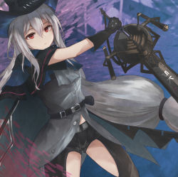 Rule 34 | 1girl, arknights, ascot, belt, black belt, black cape, black capelet, black gloves, black hat, black pants, breasts, cape, capelet, closed mouth, clothing cutout, commentary, cowboy shot, female focus, gloves, grey ascot, grey shirt, hair between eyes, hat, highres, holding, holding sword, holding weapon, infection monitor (arknights), kiyakyuu, long hair, looking at viewer, medium breasts, pants, red eyes, shirt, silver hair, skadi (arknights), solo, strap, sword, thigh cutout, thighs, very long hair, weapon