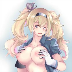 Rule 34 | 1girl, bad id, bad pixiv id, blonde hair, blue eyes, blue shirt, blush, breasts, collared shirt, gambier bay (kancolle), gloves, hair between eyes, hairband, highres, kantai collection, large breasts, long hair, nipples, nonkomu (furiten5553), open clothes, open mouth, shirt, short sleeves, simple background, solo, twintails