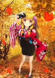 Rule 34 | 1girl, autumn, autumn leaves, blonde hair, blunt bangs, blush, camera, contrapposto, e neko, floral print, flower, full body, geta, hair flower, hair ornament, hair ribbon, highres, japanese clothes, long hair, long sleeves, looking at viewer, photo background, pleated skirt, ribbon, skirt, smile, solo, standing, tabi, tress ribbon, wide sleeves, yellow eyes