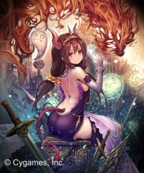 Rule 34 | 10s, 1girl, backless outfit, bare back, bare shoulders, breasts, brown hair, celtic cross, company name, cross, demon girl, demon tail, dress, elbow gloves, feather trim, fire, flower, from behind, gloves, hair between eyes, harada isuka, highres, hitodama, horns, jewelry, long hair, looking at viewer, looking back, medium breasts, monster, parted bangs, phantom master jenna, planted, planted sword, planted weapon, red eyes, scrunchie, shawl, shingeki no bahamut, sideboob, sitting, sleeveless, sleeveless dress, smile, solo, sword, tail, tiara, tombstone, twintails, very long hair, watermark, weapon, white gloves