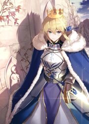 Rule 34 | 1girl, ahoge, armor, armored dress, artoria pendragon (all), artoria pendragon (fate), blonde hair, blue ribbon, cape, closed mouth, cloud, crown, fate/grand order, fate (series), faulds, fumi fumi (7837224), fur-trimmed cape, fur trim, gauntlets, glowing, glowing sword, glowing weapon, green eyes, hair ribbon, highres, ribbon, saber (fate), sky, solo, statue, sword, wall, weapon