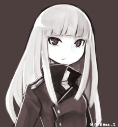 Rule 34 | 1girl, bad id, bad twitter id, brown background, frown, grete m. gollob, long hair, military, military uniform, monochrome, ninomae01, sepia, simple background, solo, strike witches, twitter username, uniform, upper body, world witches series