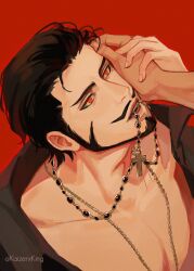 Rule 34 | 1boy, absurdres, beard, black hair, cross, cross necklace, dracule mihawk, facial hair, highres, jewelry, kaizer (kaizerxking), male focus, mustache, necklace, one piece, red background, red eyes