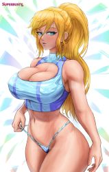 Rule 34 | 1girl, artist name, bare shoulders, blonde hair, blue eyes, blush, breasts, cleavage, cleavage cutout, clothing cutout, collarbone, crop top, curvy, highres, large breasts, long hair, looking to the side, metroid, mole, mole under mouth, navel, nintendo, ponytail, samus aran, sleeveless, solo, stomach, superbusty, thick thighs, thighs, thong, wide hips