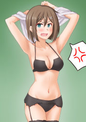 Rule 34 | 1girl, anger vein, angry, anti (untea9), armpits, arms up, black bra, black panties, blue eyes, blush, bra, breasts, brown hair, cleavage, cowboy shot, fang, garter belt, gradient background, green background, hair between eyes, hair ornament, hairclip, highres, kantai collection, large breasts, lingerie, looking at viewer, maya (kancolle), navel, open mouth, panties, short hair, skin fang, solo, speech bubble, spoken anger vein, standing, sweatdrop, underwear, undressing, x hair ornament