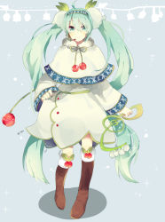Rule 34 | 1girl, absurdres, ahoge, boots, capelet, flower, hatsune miku, highres, knees, lily of the valley, snowflake print, solo, twintails, vocaloid, yuki miku