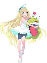 Rule 34 | 1girl, armlet, bike shorts, black shorts, blonde hair, blue eyes, digimon, digimon (creature), digimon world -next 0rder-, dress, fringe trim, full body, layered dress, long hair, luche, numemon, official art, open mouth, shoes, shorts, smile, solo, stuffed toy, taiki (luster), tongue, transparent background, very long hair, white dress, white footwear