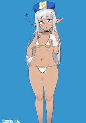 Rule 34 | 1girl, absurdres, annoyed, bare shoulders, bikini, blue background, blue eyes, blue headwear, breasts, choker, collarbone, covered erect nipples, cowboy shot, dimitri becker, gloves, grey hair, highres, karla (kono healer mendokusai), kono healer mendokusai, long hair, looking at viewer, medium breasts, navel, open mouth, pointy ears, simple background, solo, standing, swimsuit, tan, white bikini, white gloves