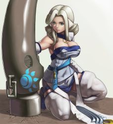 Rule 34 | 1girl, animal ears, aquaplus, blue eyes, blue sash, boots, breasts, cleavage, closed mouth, curly hair, full body, hair over shoulder, holding, holding weapon, jewelry, large breasts, lips, long hair, looking at viewer, munechika, necklace, nose, sash, sidelocks, solo, squatting, strapless, taut clothes, thick thighs, thigh boots, thighhighs, thighs, tube top, utawarerumono, utawarerumono: itsuwari no kamen, weapon, white hair