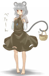 Rule 34 | 1girl, ?, animal ears, bare legs, barefoot, basket, blush stickers, breasts, capelet, dress, female focus, gem, grey hair, jewelry, mouse (animal), mouse ears, mouse tail, nazrin, necklace, peperoncirno, prehensile tail, red eyes, sad, short hair, small breasts, solo, tail, touhou, translation request