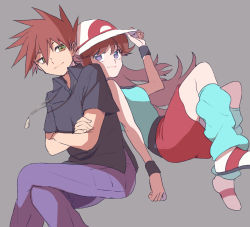 Rule 34 | 1boy, 1girl, blue oak, brown hair, closed mouth, collared shirt, commentary request, creatures (company), crossed arms, game freak, green (pokemon), green eyes, green legwear, green shirt, grey background, grey eyes, hand on headwear, hand up, hat, highres, jewelry, leg warmers, long hair, necklace, nintendo, pants, pokemon, pokemon adventures, purple pants, red skirt, shirt, shoes, short hair, short sleeves, simple background, skirt, sleeveless, sleeveless shirt, smile, spiked hair, white footwear, white headwear, wristband, yui ko