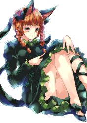 Rule 34 | 1girl, :3, animal ears, ass, black bow, blunt bangs, bow, braid, cat ears, dress, foot out of frame, fumikiri (dake no hito), green dress, hair bow, highres, kaenbyou rin, knees up, leg ribbon, long sleeves, looking at viewer, multiple tails, nekomata, red eyes, red hair, ribbon, solo, tail, touhou, twin braids, two tails