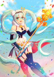Rule 34 | 1girl, absurdres, aqua eyes, aqua hair, bare shoulders, black thighhighs, blue eyes, blue skirt, blue sleeves, breasts, cleavage, commentary request, detached sleeves, hair between eyes, hatsune miku, highres, holding, jii dayday, large breasts, long hair, open mouth, racing miku, skirt, smile, solo, teeth, thighhighs, twintails, upper teeth only, very long hair, vocaloid