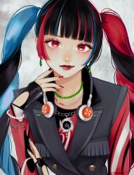 Rule 34 | 1girl, bead bracelet, bead necklace, beads, black hair, blue hair, blue nails, bracelet, chain, chain necklace, earrings, eyelashes, fingerless gloves, fringe trim, gloves, hand on own arm, harusaruhi, head tilt, headphones, headphones around neck, highres, jewelry, kamitsubaki studio, lips, lipstick, long sleeves, looking at viewer, makeup, multicolored hair, nail polish, necklace, red eyes, red hair, red lips, red nails, smile, solo, streaked hair, takenaka, twintails, upper body, vest, virtual youtuber