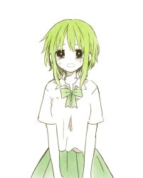 Rule 34 | 1girl, anzu (o6v6o), bow, bowtie, collared shirt, commentary request, crying, green bow, green bowtie, green hair, green skirt, green theme, gumi, looking at viewer, open mouth, pleated skirt, shirt, short hair with long locks, short sleeves, simple background, skirt, solo, spot color, tears, vocaloid, white background