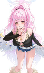 Rule 34 | 1girl, ame 816, bare shoulders, blue archive, breasts, cleavage, long hair, looking at viewer, mika (blue archive), pink hair, solo, wings, yellow eyes