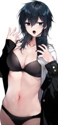 Rule 34 | 1girl, absurdres, bara (03 bara ), black bra, black hair, black nails, black panties, blue eyes, blush, bra, breasts, cellphone, cleavage, commentary request, cowboy shot, crossdressing, gakuran, hair between eyes, highres, holding, holding phone, jacket, unworn jacket, long sleeves, looking at viewer, medium breasts, medium hair, midriff, nail polish, navel, off shoulder, open clothes, open mouth, open shirt, original, panties, phone, piercing, pulling own clothes, school uniform, selfie, shirt, simple background, smartphone, solo, stomach, strap pull, taking picture, tongue, tongue out, tongue piercing, underwear, uniform, white background, white shirt, yokoyama ishimi