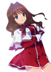 Rule 34 | 1girl, blue eyes, bow, breasts, brown hair, capelet, commentary request, cowboy shot, dress, hair intakes, highres, kanon, long hair, medium breasts, misaka kaori, red bow, red dress, satomi yoshitaka, school uniform, simple background, solo, white background, white capelet