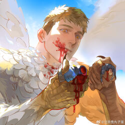 Rule 34 | 1boy, blonde hair, blood, blood from mouth, blood on face, blue octopus12, death, disembodied tongue, dual persona, dungeon meshi, feathered wings, harpy boy, highres, laios thorden, licking lips, lizaoyuwanzidan (weibo6293423540), male focus, monster boy, monsterification, thick eyebrows, tongue, tongue out, wings, yellow eyes