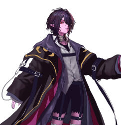 Rule 34 | 1boy, arm belt, bandaged neck, bandages, belt, black coat, black hair, chest belt, child, closed eyes, coat, collared shirt, colored skin, dimension walker (dungeon and fighter), dungeon and fighter, expressionless, geebee 79, hair over one eye, highres, long sleeves, looking at viewer, looking down, male focus, male mage (dungeon and fighter), medium hair, messy hair, oversized clothes, parted bangs, pointy ears, purple coat, purple skin, red eyes, shirt, shorts, simple background, solo, strap, thigh belt, thigh strap, torn clothes, torn shorts, upper body, white background, white shirt, wolf cut