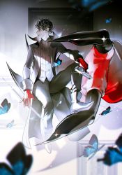 Rule 34 | 1boy, amamiya ren, arsene (persona 5), black coat, black hair, black pants, blue butterfly, boots, btmr game, bug, butterfly, claws, coat, dagger, gloves, gun, hair between eyes, handgun, highres, holding, holding dagger, holding gun, holding knife, holding weapon, insect, knife, long sleeves, male focus, pants, parted lips, persona, persona 5, profile, red gloves, signature, sitting, sparkle, weapon