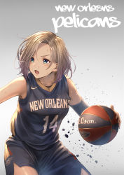 Rule 34 | 1girl, alternate costume, arm warmers, azur lane, ball, bare shoulders, basketball, basketball (object), basketball uniform, blue eyes, blue shirt, blue shorts, breasts, check commentary, clothes writing, collarbone, commentary request, cowboy shot, english text, eyebrows hidden by hair, forehead, grey background, highres, holding, holding ball, looking to the side, medium breasts, name connection, national basketball association, new orleans (azur lane), nike (company), open mouth, shirt, short hair, shorts, sidelocks, silver hair, simple background, solo, sportswear, standing, sweat, wilson sporting goods, yakkuro