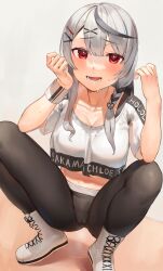 Rule 34 | 1girl, absurdres, black hair, black pants, braid, breasts, cameltoe, cleft of venus, crop top, crop top overhang, frikulu, grey hair, hair ornament, highres, hololive, hololive dance practice uniform, looking at viewer, medium breasts, midriff, multicolored hair, official alternate costume, open mouth, pants, red eyes, sakamata chloe, shoes, single braid, smile, squatting, streaked hair, sweat, virtual youtuber, white wristband, wiping sweat, workout clothes, x hair ornament, yoga pants
