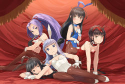 Rule 34 | 5girls, ahoge, alternate costume, animal ears, antenna hair, bare arms, bare shoulders, black hair, black leotard, blue eyes, blue leotard, blunt bangs, blush, bow, bowtie, breasts, brown eyes, brown hair, brown legwear, commentary request, curtains, detached collar, fake animal ears, fake tail, fishnet legwear, fishnets, gloves, hair ribbon, hatsuharu (kancolle), hatsukaze (kancolle), hatsushimo (kancolle), hatsuyuki (kancolle), hatsuzuki (kancolle), heibonkaeru, high heels, indoors, kantai collection, leotard, long hair, looking at viewer, lying, medium breasts, multiple girls, on stomach, pantyhose, parted lips, playboy bunny, ponytail, purple eyes, purple hair, rabbit ears, rabbit tail, red leotard, red ribbon, ribbon, short hair, smile, strapless, strapless leotard, tail, thick eyebrows, very long hair, white gloves, white leotard, wrist cuffs