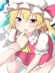 Rule 34 | 1girl, biting, blonde hair, dadamori, fangs, finger biting, finger in another&#039;s mouth, finger in own mouth, hat, hat ribbon, holding another&#039;s wrist, looking at viewer, mob cap, pointy ears, pov, pov hands, puffy short sleeves, puffy sleeves, red eyes, ribbon, shadow, short sleeves, side ponytail, simple background, sitting, skirt, skirt set, slit pupils, solo, solo focus, touhou, wariza, white background, wings